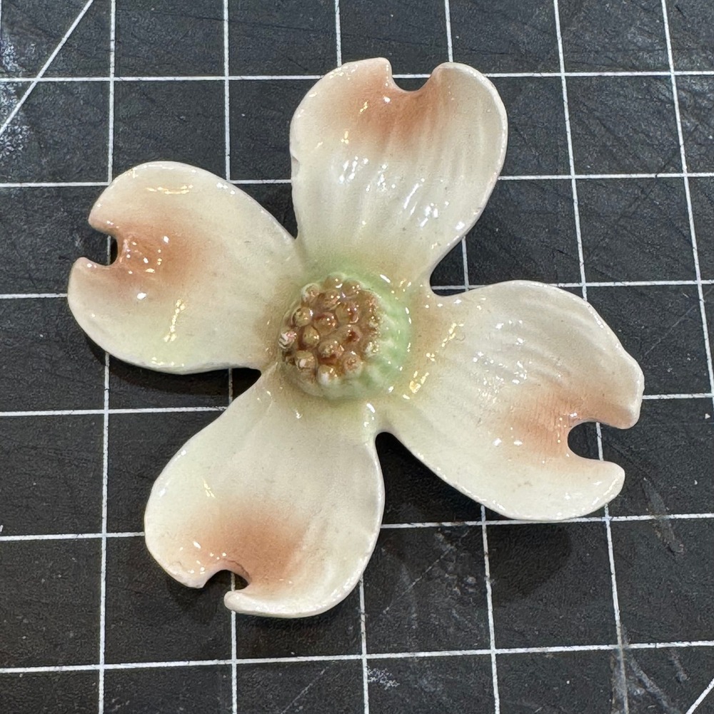 Vintage Ceramic Dogwood Flower Brooch Pink White Glazed Pottery Floral Pin